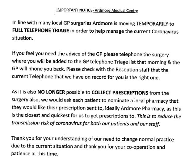 We are minimising access to the surgery due to Coronavirus. All patients will be triaged by telephone. Prescriptions may no longer be collected form the surgery, they will be sent to your nominated pharmacy.